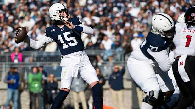 Penn State quarterback Drew Allar (15) prepares to air out a pass to the end zone during an NCAA football game against Rutgers Saturday, Nov. 18, 2023, in State College, Pa. The Nittany Lions won, 27-6.